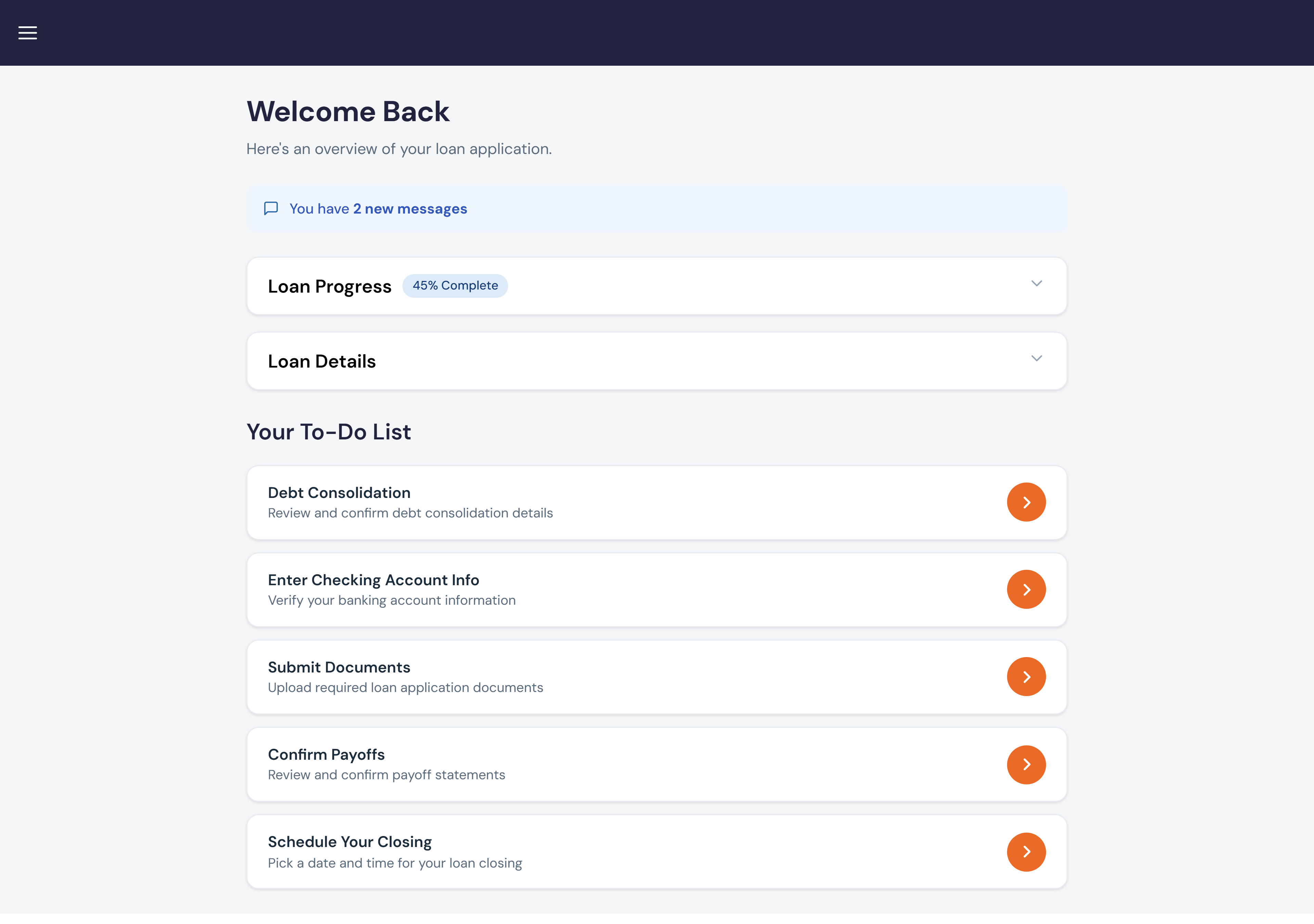 New design — applicant dashboard with loan progress and To-Do list